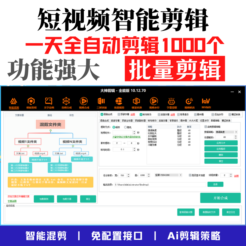 大神批量混剪智能剪辑生成短视频Ai全自动合成配音字幕软件自媒体----下载注册即可免费测试-永久卡